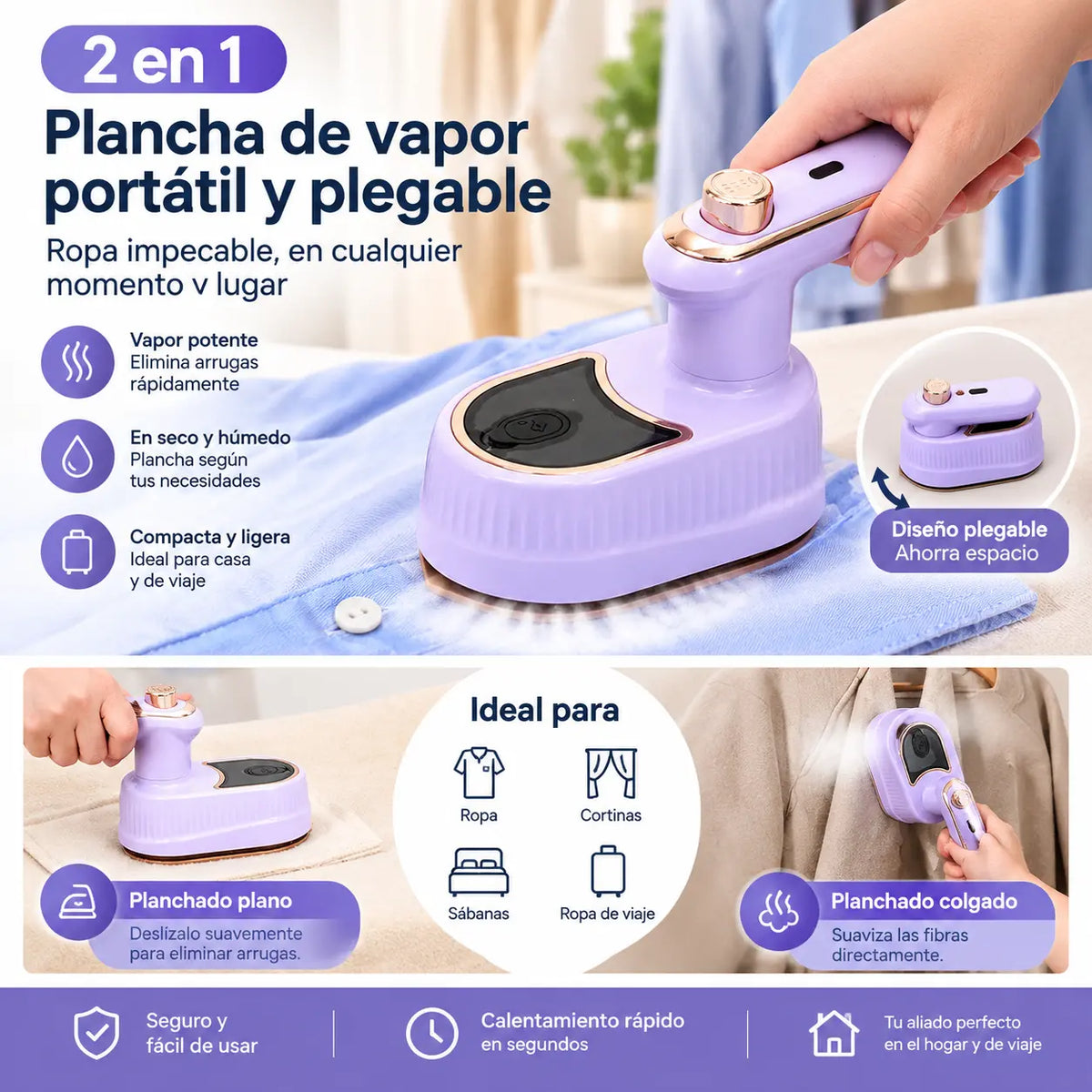 ✨ Nueva plancha de vapor 2 en 1, plancha portátil plegable, plancha doméstica pequeña para uso en seco y húmedo.
