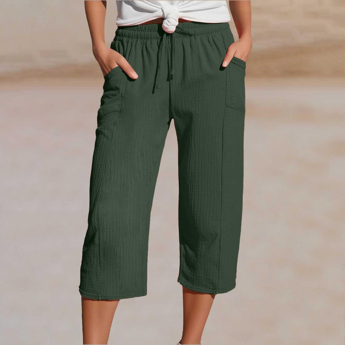 🌸【S-3XL】Pantalones capri plisados de algodón y lino de color liso