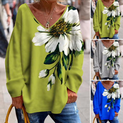 💐【S-2XL】Camiseta de moda para mujer de primavera y otoño con cuello en V y estampado floral