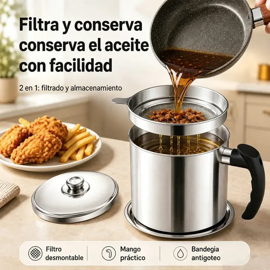 🍳✨ Jarra Filtradora de Aceite de Acero Inoxidable | Recipiente con Filtro para Reutilizar y Conservar el Aceite de Cocina