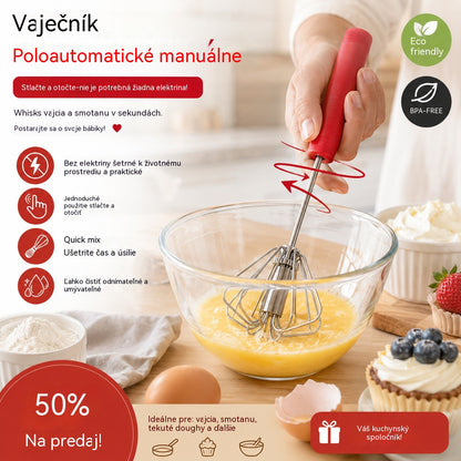 🥳Kúpte 1, získajte 1 zadarmo🥳💞Predaných viac ako 50 000 kusov!🥚💪 50% zľava! Poloautomatická manuálna metlička na vajcia: stlačte a roztočte – nie je potrebná elektrina. Vyšľahá vajcia a šľahačku za pár sekúnd. Šetrná k vašim zápästiam! ✨🧁