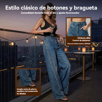 🌼【S-3XL】【Ofertas de primavera】✨Vaqueros de pierna ancha para mujer con decoración de cristales