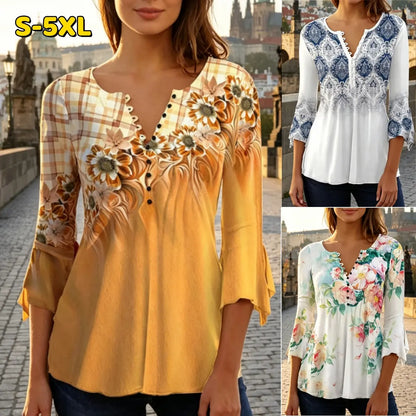 🎉🎁【S-5XL】 2026 nueva camiseta estampada delgada con cuello en V para mujer