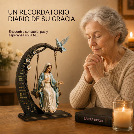 ✝️ Adorno de cuna de la Santísima Virgen María – Lucas 1:46–47 Decoración de mesa de fe | Estatua de la Virgen María en oración con paloma y luna creciente para la decoración del hogar