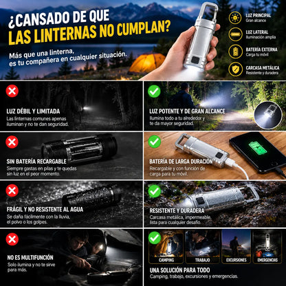 🔦🌙 Linterna LED Potente Multifunción con Luz Lateral, 3 Modos, Batería Externa y Carcasa Metálica Resistente, ¡Ideal para Camping, Trabajo y Emergencias!