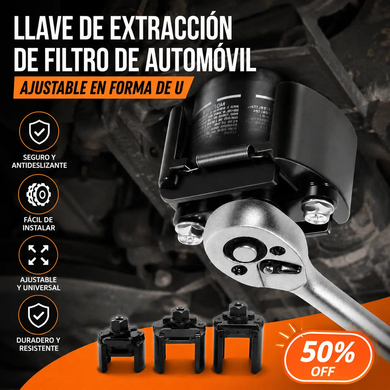 【60-80mm】Llave de extracción de filtro de automóvil ajustable en forma de U