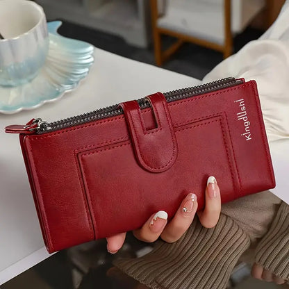 Cartera larga de alta gama para mujer con doble cremallera, diseño multicompartimento, gran capacidad, estilo versátil y sofisticado.