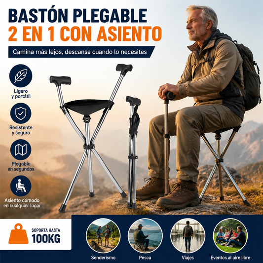 ✨Bastón plegable 2 en 1 con silla, Las muletas son anticaídas, plegables y portátiles✅