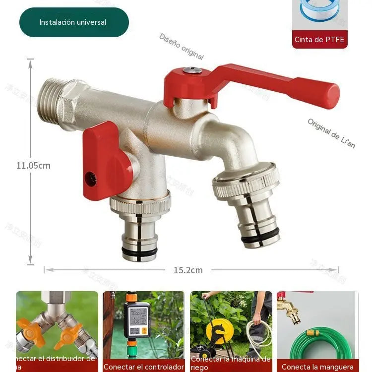 Grifo exterior de doble salida, fabricado en latón reforzado, con conector universal, apto para riego y mangueras.