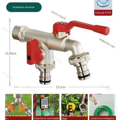 Grifo exterior de doble salida, fabricado en latón reforzado, con conector universal, apto para riego y mangueras.