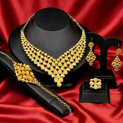 ✨ Juego de joyas nupciales chapadas en oro de 24 quilates estilo indio de Dubái: collar, pulsera, anillo y pendientes para mujer.