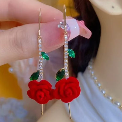 🌟【1 pares】🌹Pendientes de rosa roja con tallo de cristal