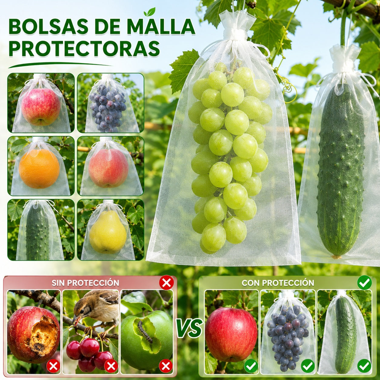 【100 piezas 】Red de insectos para moscas de frutas, red de protección de árboles de paisaje para pájaros, bolsas de red de jardín para proteger flores, plantas, frutas, verduras
