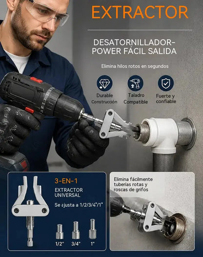 Extractor universal de tuberías rotas 3 en 1 de alta resistencia con vástago hexagonal – Herramienta para extraer tuberías y roscas accionada por taladro