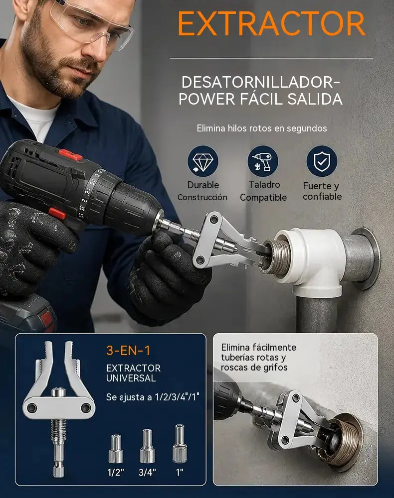 Extractor universal de tuberías rotas 3 en 1 de alta resistencia con vástago hexagonal – Herramienta para extraer tuberías y roscas accionada por taladro