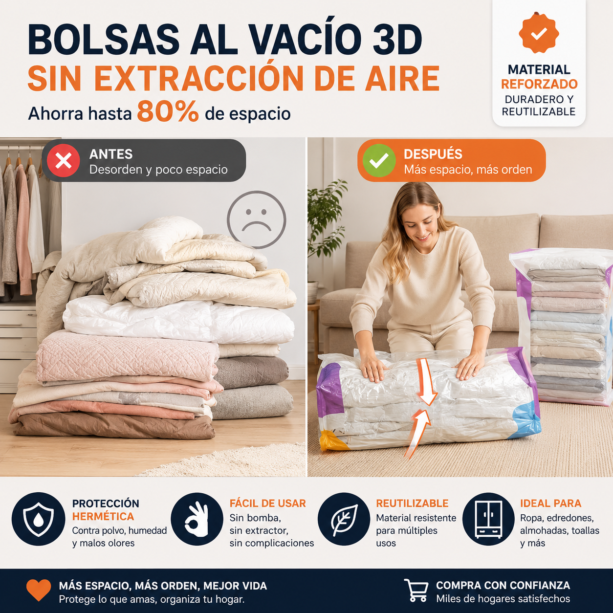 🧳【Juego de 5 piezas】💨 Bolsa de almacenamiento al vacío grande y compresible: no requiere bomba, es a prueba de fugas e ideal para ahorrar espacio en maletas y en casa ✈️