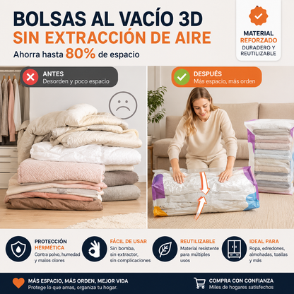 🧳【Juego de 5 piezas】💨 Bolsa de almacenamiento al vacío grande y compresible: no requiere bomba, es a prueba de fugas e ideal para ahorrar espacio en maletas y en casa ✈️