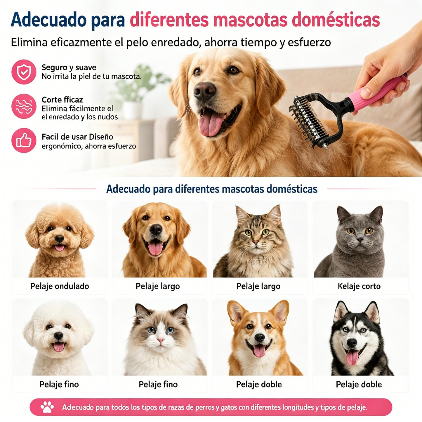 🐱🐕🐈 Peine multifuncional 3 en 1 para desenredar el pelo de mascotas, peine para eliminar el pelo de perros y gatos.