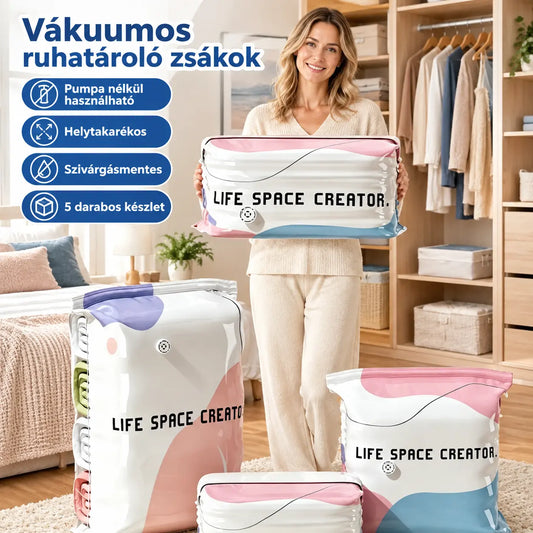 🧳【5 darabos készlet 9300 Ft】💨 Nagy, összenyomható vákuumos tárolózsák: nincs szükség pumpára, szivárgásmentes, és ideális helytakarékosságra bőröndökben és otthon ✈️