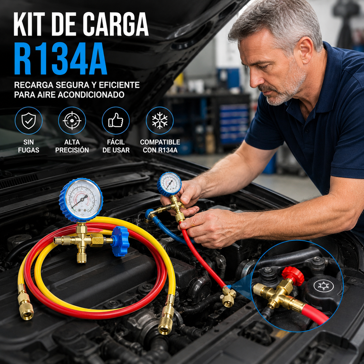 🔧❄️ Manguera de recarga de refrigerante AC R134a con manómetro – Antifugas, fácil de leer y compatible con coches, camiones o aire acondicionado doméstico – Recarga DIY segura 🚗