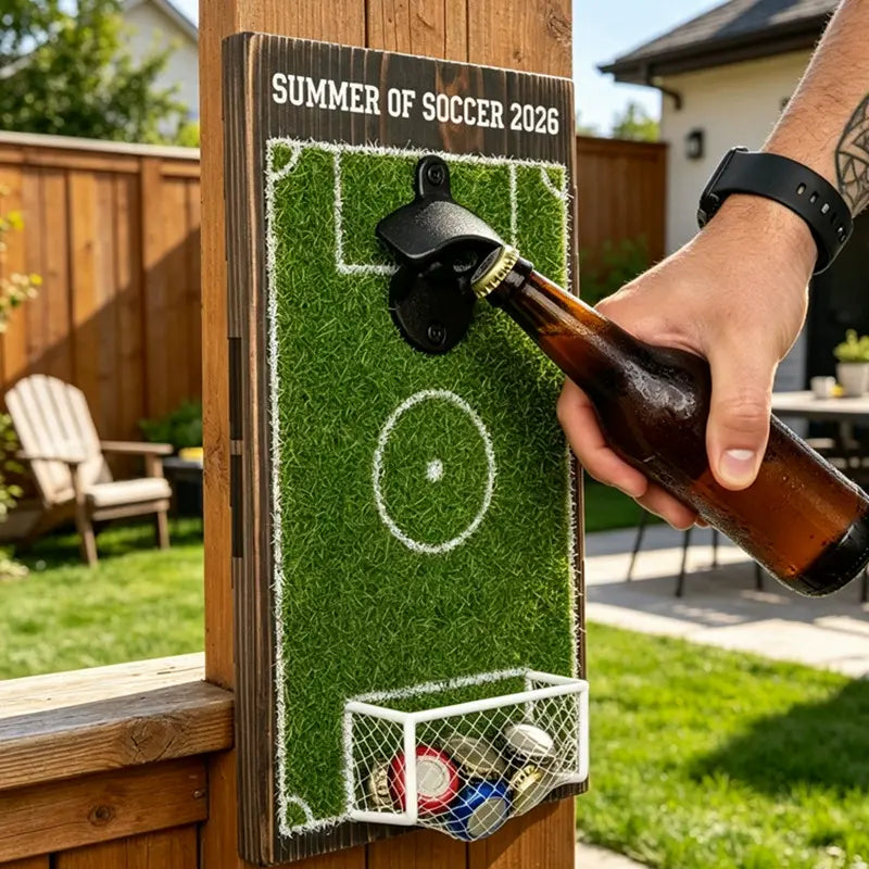 Decoración de pared con abridor de botellas de campo de fútbol
