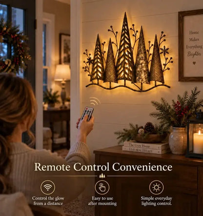 🎄🕯️ Osvetljena kovinska stenska dekoracija z gozdnim motivom in pridihom vintage sloga 🌙