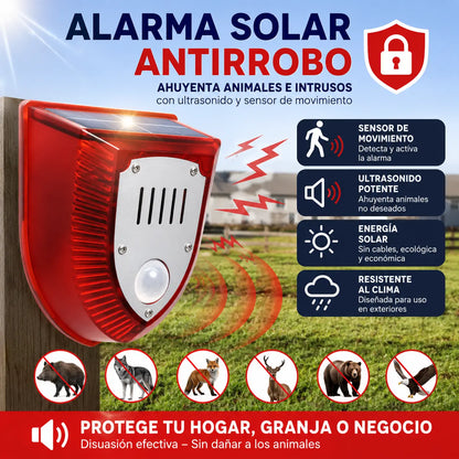 Alarma solar, luz de alarma antirrobo con sensor de cuerpo humano, repelente de animales ultrasónico