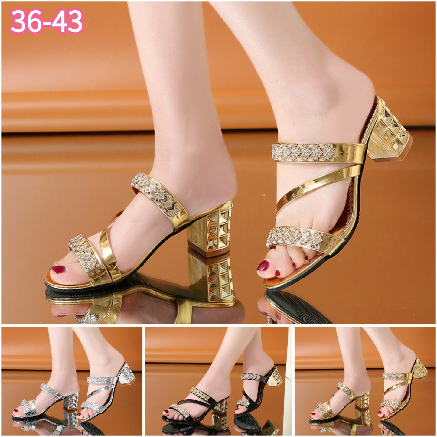👡【36~43】Zapatillas de tacón alto a la moda con diamantes