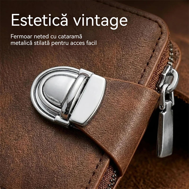 Cartera de piel auténtica para hombre: diseño retro con cremallera, compartimento para tarjetas y protección RFID.