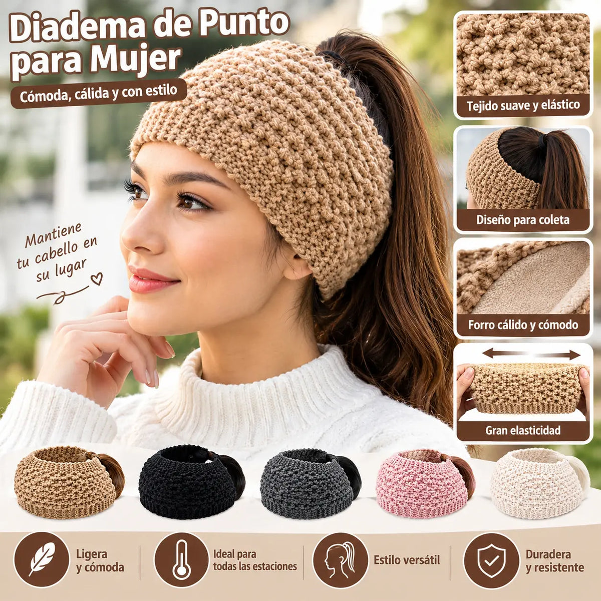 【Juego de 5 piezas】Diadema elástica ancha de lana cálida tejida a mano para otoño e invierno, adecuada para yoga y correr