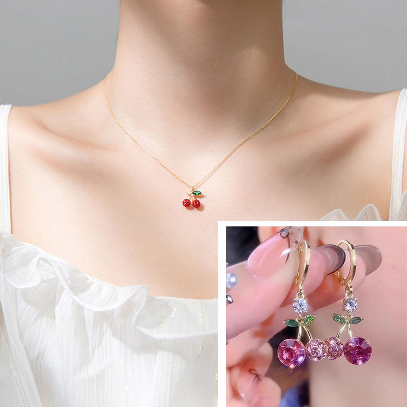 🍒 Conjunto de pendientes y collar con colgante de cristal de cereza rosa