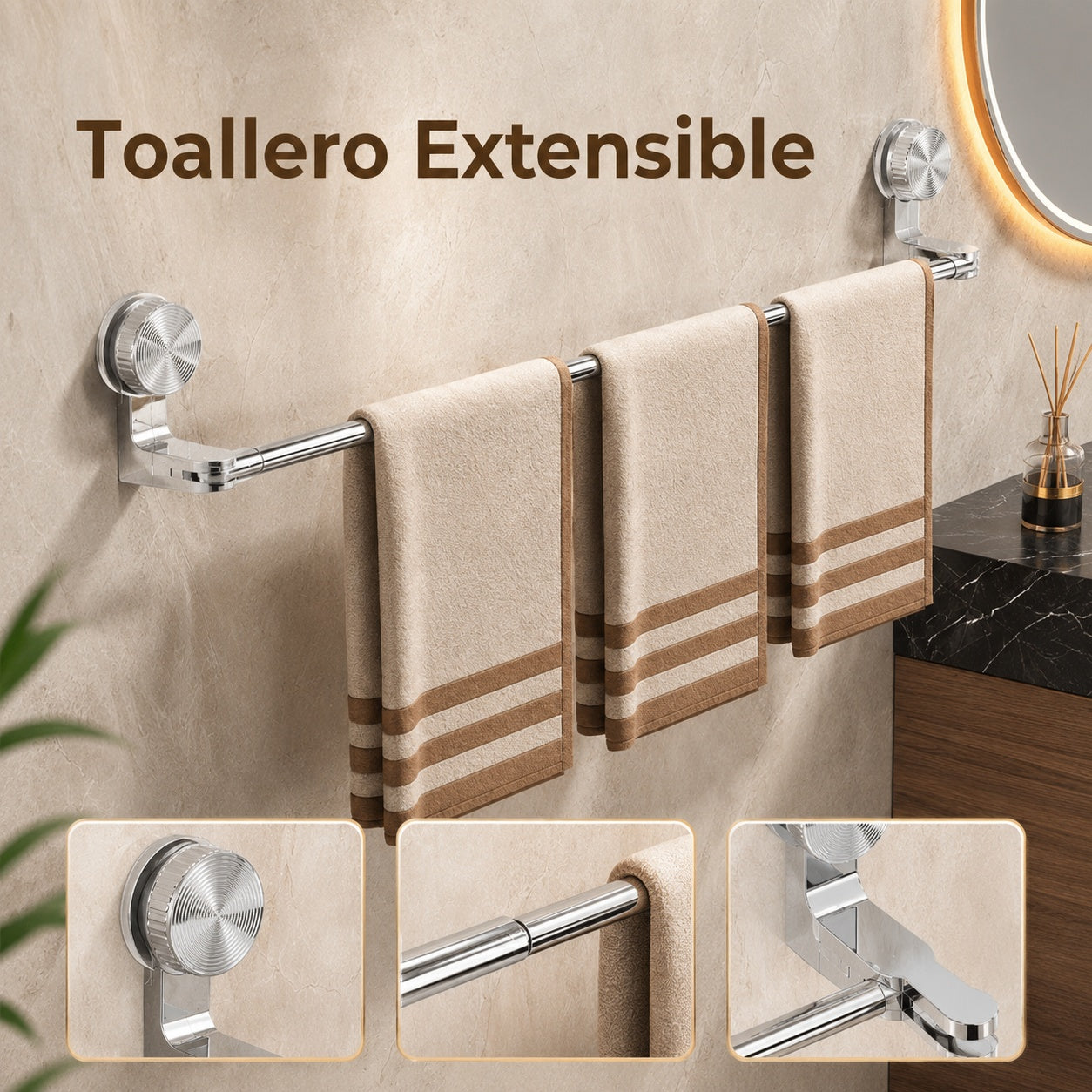 【30-130cm】Diseño ligero y sin perforaciones —Toallero retráctil con ventosa