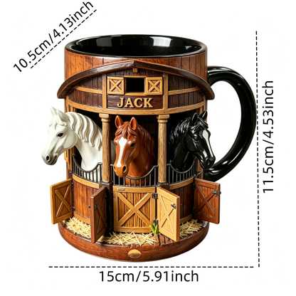 ☕Taza de café 3D con temática de granja y establo, taza de acero inoxidable con relieve tridimensional, regalo ideal para amantes de los caballos.