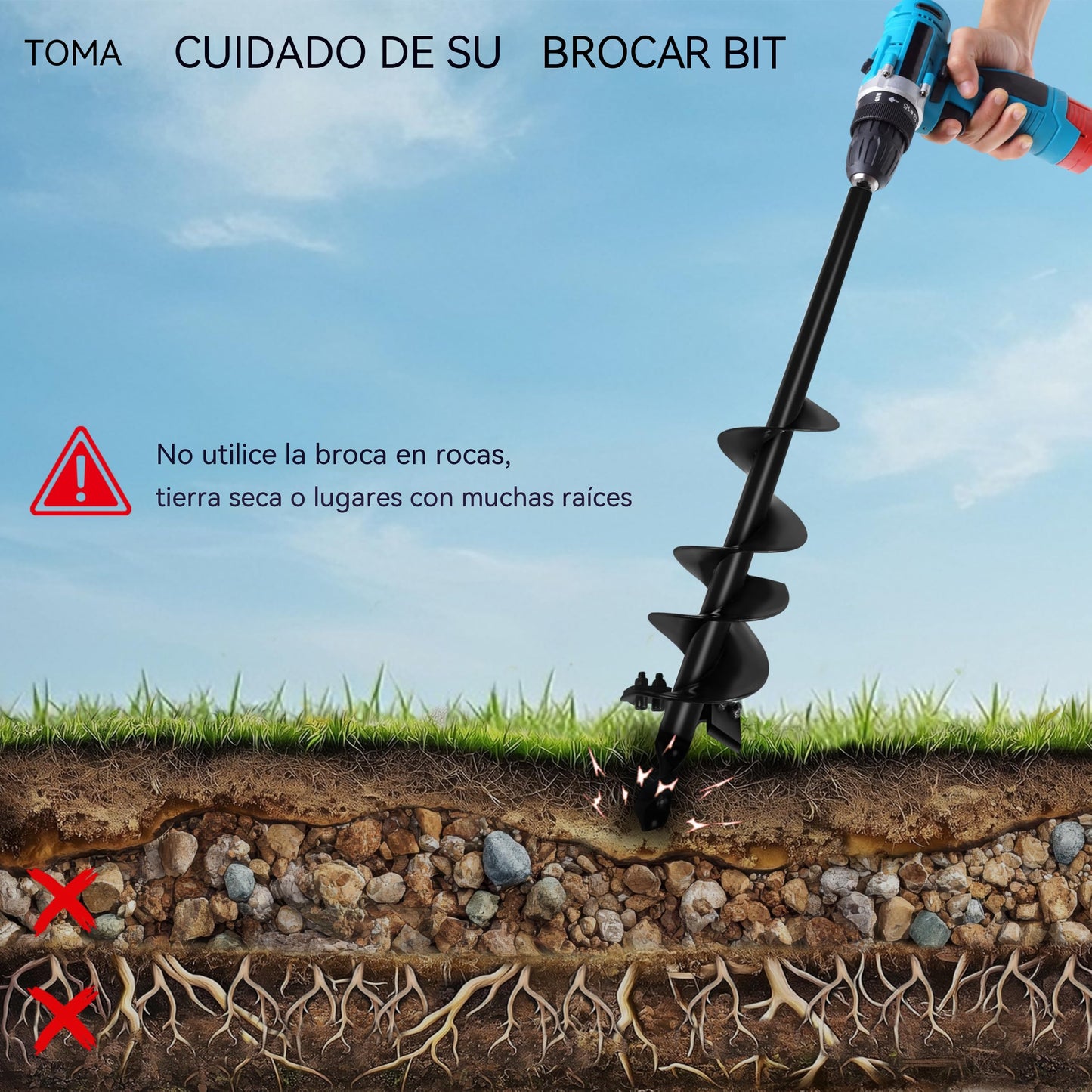 【22-45cm】Barrena de acero al carbono, utilizada para perforar tierra y hielo en árboles, plántulas y en horticultura.