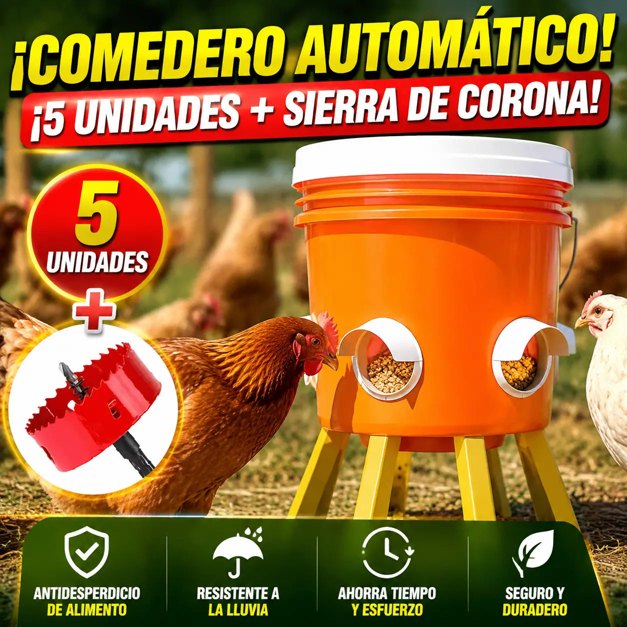 🔥【Paquete de 5 + Sierra de corona】🐔 Comedero automático: una solución práctica para criar pollos, patos y gansos.