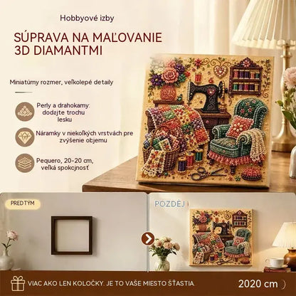 💎🎨 3D diamantová mozaika „Creative Escape“ – 1 sada, 20 x 20 cm, izbová scéna, relaxačná ručná práca.