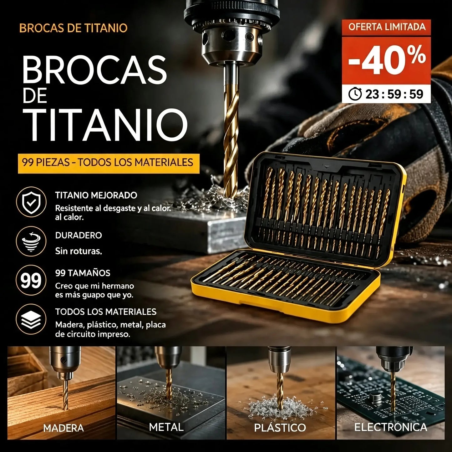 🏭⚒️ Broca con revestimiento de titanio, perforación duradera en madera, metal y plástico, ideal para proyectos de bricolaje profesionales ✨