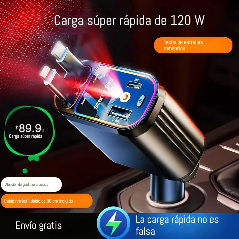 🚗cargador de teléfono para coche⚡Carga un 200 % más rápida * Cable retráctil integrado * Carga súper rápida de 120 W * Luz ambiental con efecto de respiración