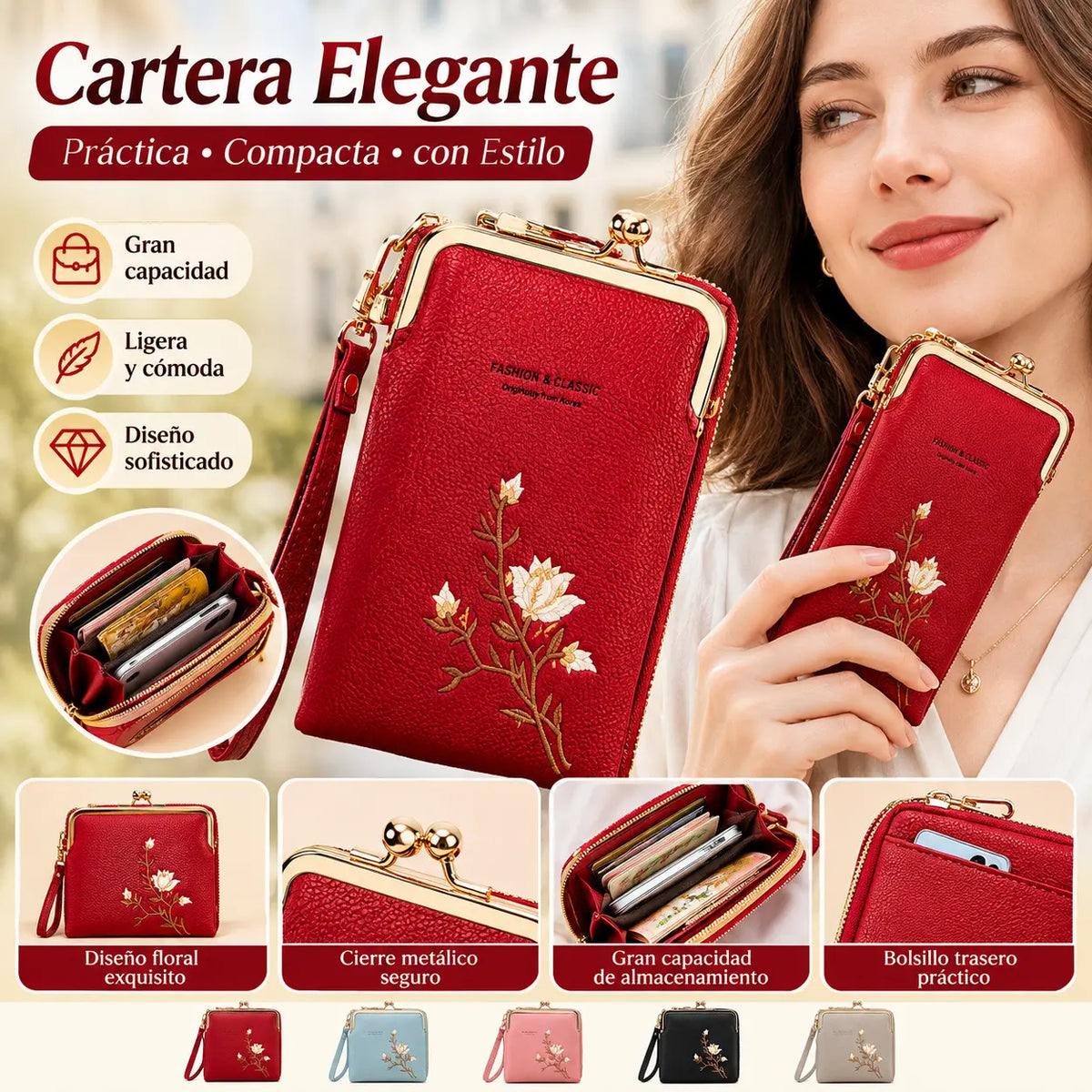 Nueva cartera antirrobo multicapa de gran capacidad con cremallera bordada a la moda para mujer