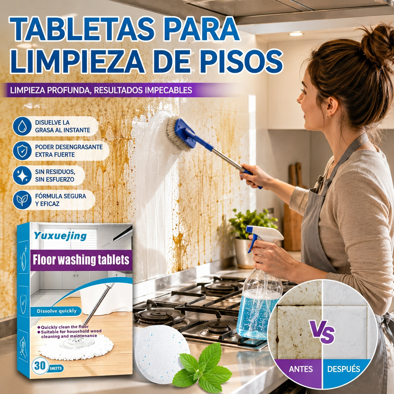 3 cajas (90 comprimidos) por solo 25 euros🧹 Toallitas limpiadoras para suelos de 90 usos: eliminación eficaz de manchas, aroma fresco 🌿