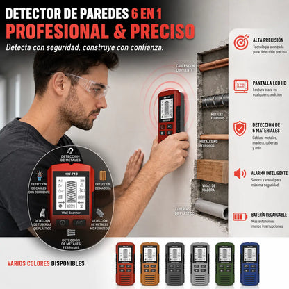 Detector multifuncional de metal, madera y cables; localiza de forma segura y precisa tuberías y cables ocultos.