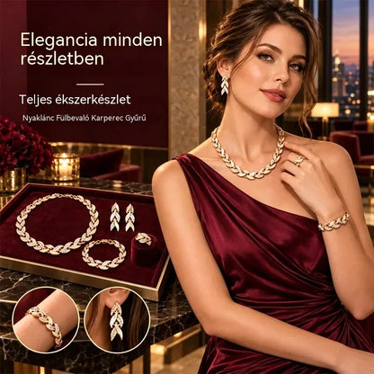 ✨💎 4 részes női ékszerszett | Levélmintás és cirkónia köves nyaklánc, karkötő, gyűrű és fülbevaló