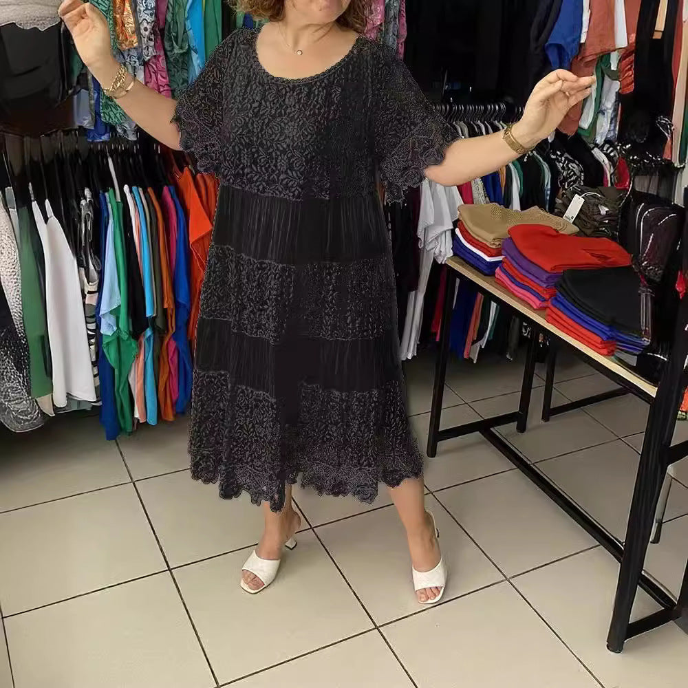 🔥【50% KEDVEZMÉNY】✨✨✨【S-5XL】2026Új ruha rövid ujjúval, kerek nyakkivágással és csipkével.