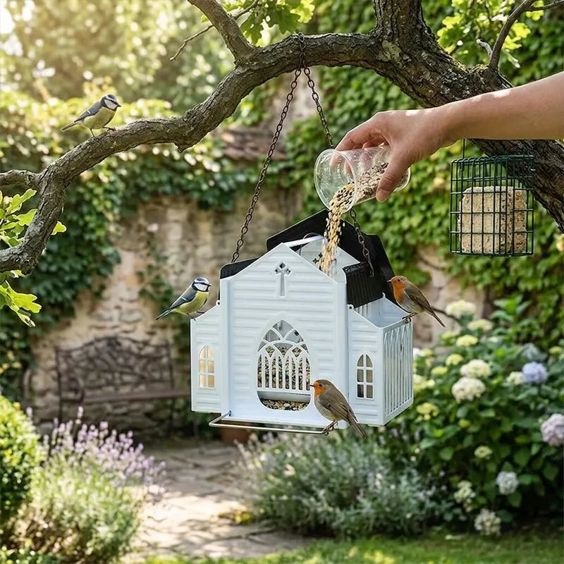 Comedero para pájaros con forma de iglesia alimentado por energía solar