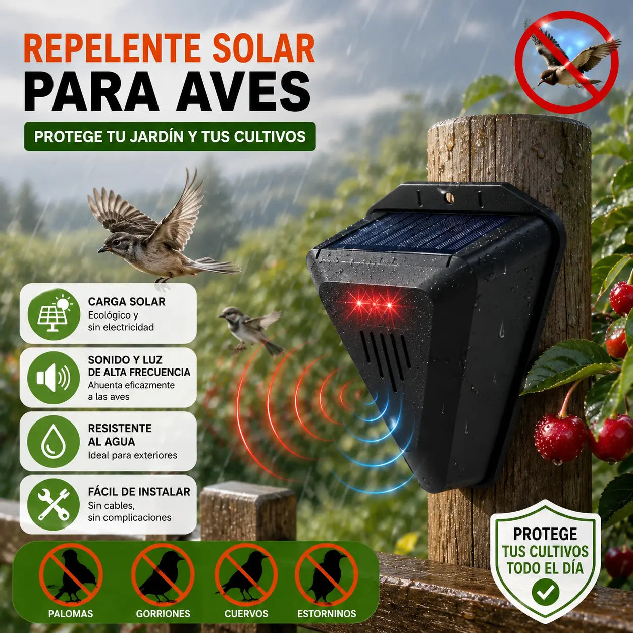 Dispositivo de alarma solar con sonido y luz para pájaros, ideal para huertos, estanques de peces, arrozales