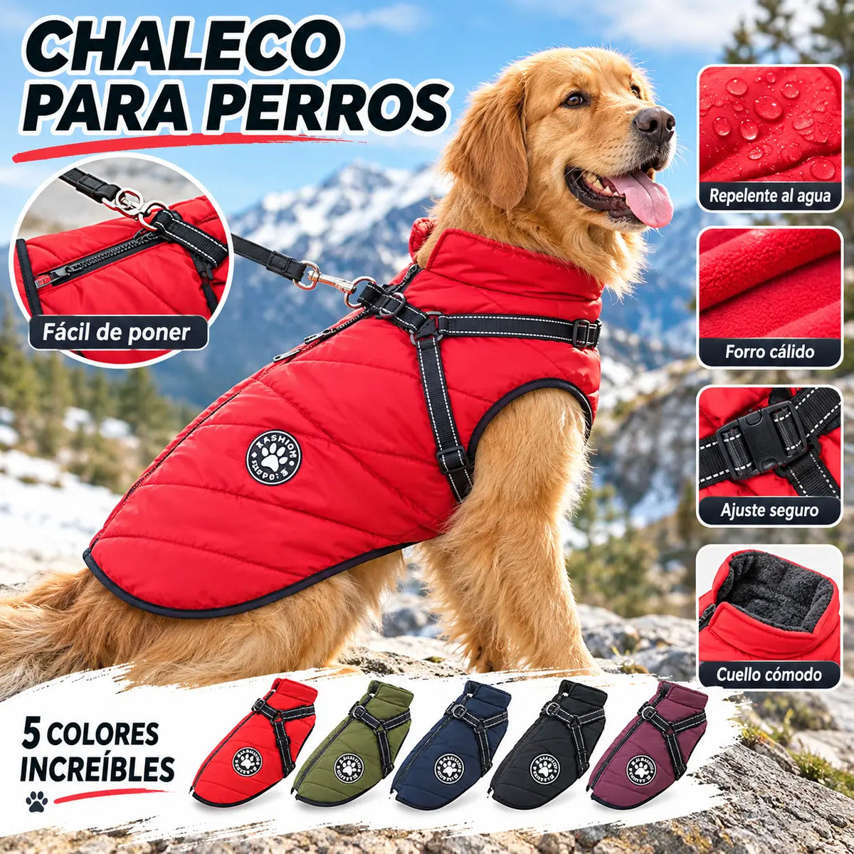 Chaleco/chaqueta 2 en 1 para mascotas: tejido impermeable, forro polar, hebilla de seguridad; disponible en varios colores.