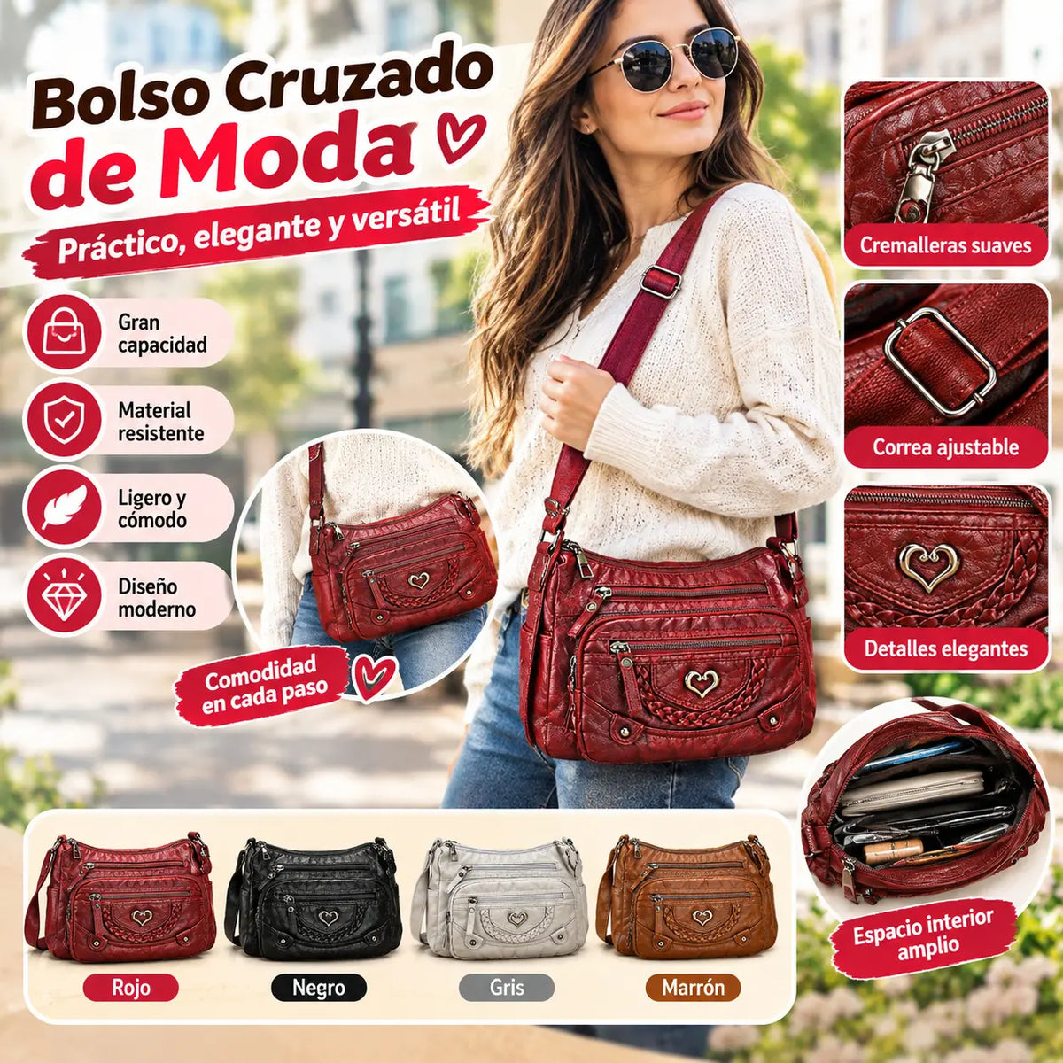 Bolso bandolera vintage con estilo para mujer — PU suave — Diseño con múltiples bolsillos, gran capacidad de almacenamiento