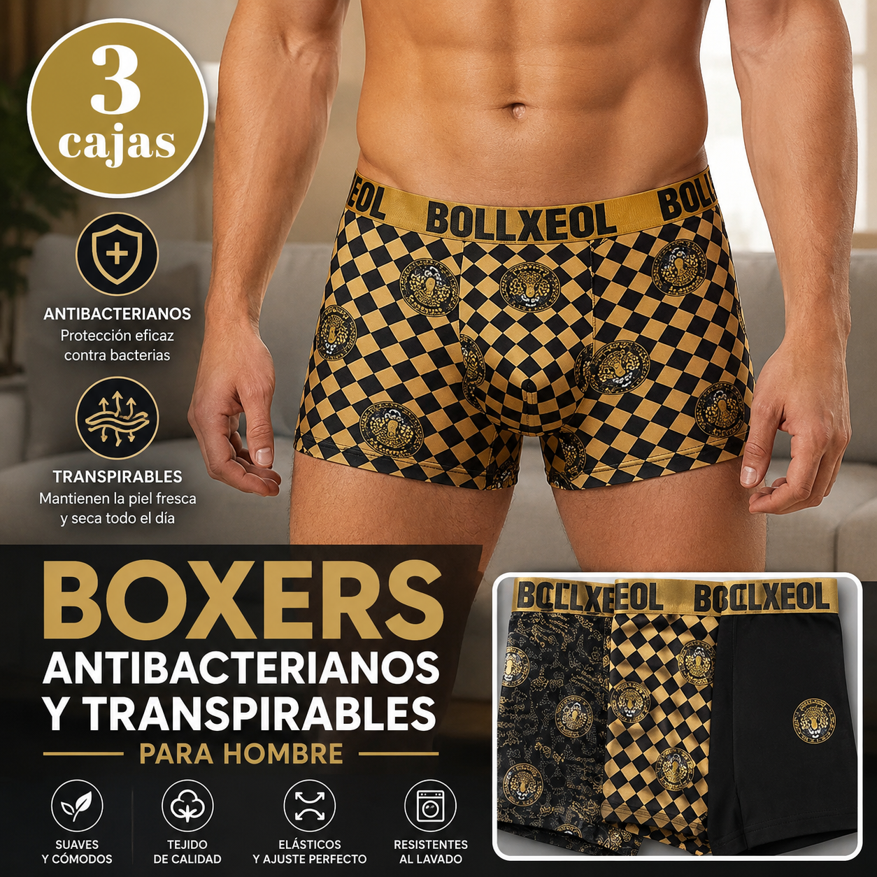 Set de 3 bóxers de lujo para hombre en caja de regalo – Ropa interior antibacteriana (Clase 10A), material suave, transpirable y cómodo, estampado premium de cabeza de leopardo.