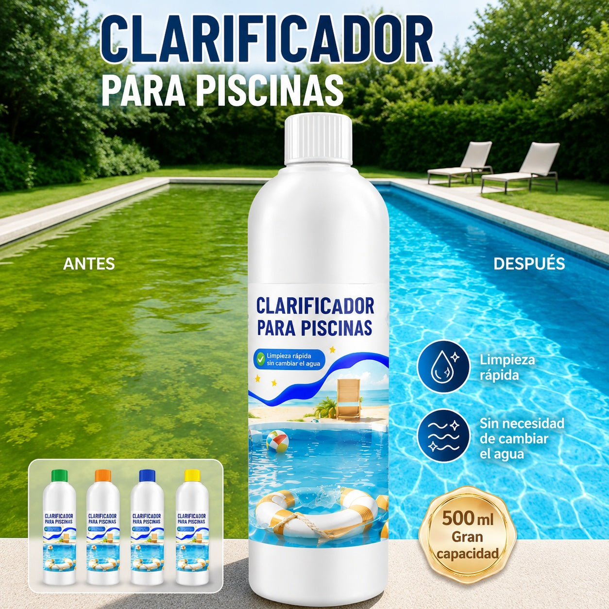 ⏰💦500 ml por botella🏊‍♂️ Líquido Clarificador para Piscinas – Agua Transparente en Horas, Sin Esfuerzo ✨