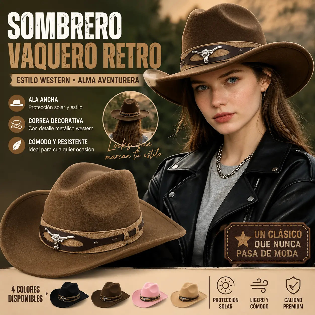 🤠🌟Sombrero vaquero retro de ala ancha - Sombrero de copa estilo western desgastado